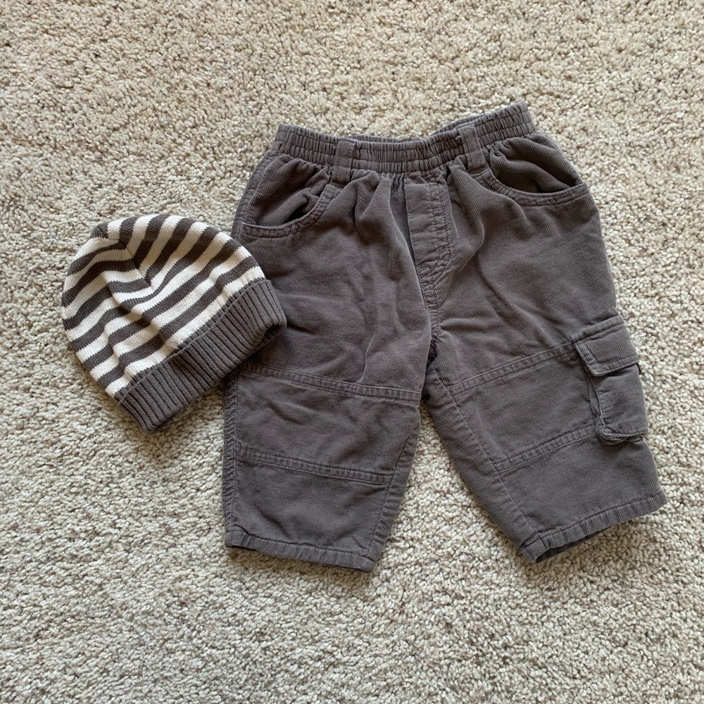 Gently worn boy’s Gray corduroy pants with lining and hat, size 6-9M